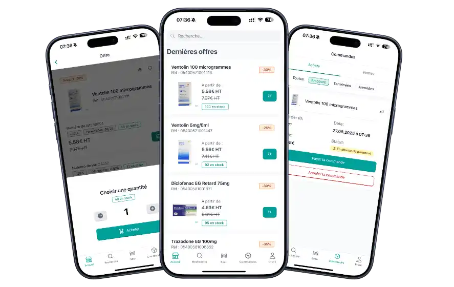 Application MJ Pharma sur trois écrans mobiles